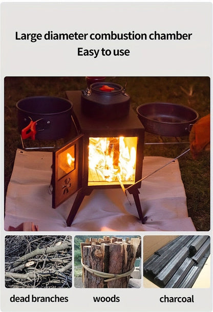Portable Wood Stove with Chimney Pipe Set, Folding Legs, Side Shelves and Silver or Black Finish Options