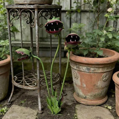 3D Metal Garden Sculpture Plaque – Scary Three-Head Flower Eating Monster Outdoor Lawn Decoration