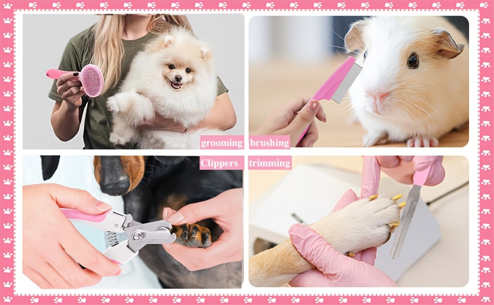 Pet Grooming Tool Set with Brushes, Combs, Nail Tools and Pink or Blue 9-Piece or 11-Piece Options