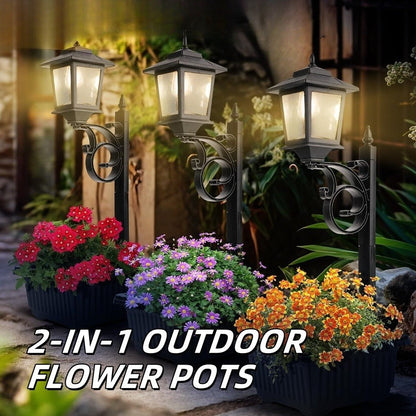 Solar Garden Light HOODINK Black Flower-Pot Lamp Post with Solar Panel, IP44 Label and 1- or 2-Pack Options