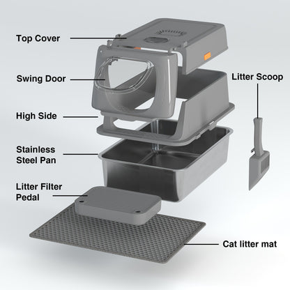 Extra Large Enclosed Cat Litter Box – Stainless Steel with Front Flap Door, Foldable Anti-Splash Fully Covered Design