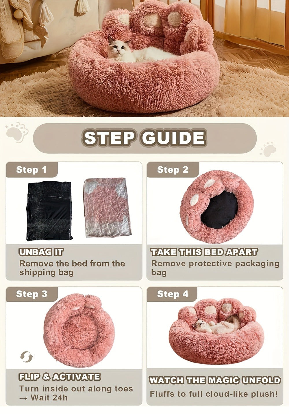 Bear-Paw Round Plush Pet Bed in Coffee, Pink or Gray with Four Weight-Labeled Size Options