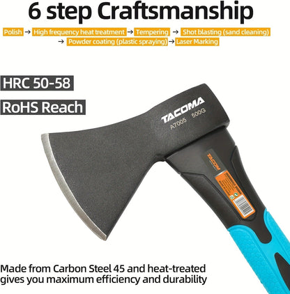 Camping Hatchet Mini Axe 10-Inch Forged High-Carbon Steel with Fiberglass Shock-Absorbing Handle