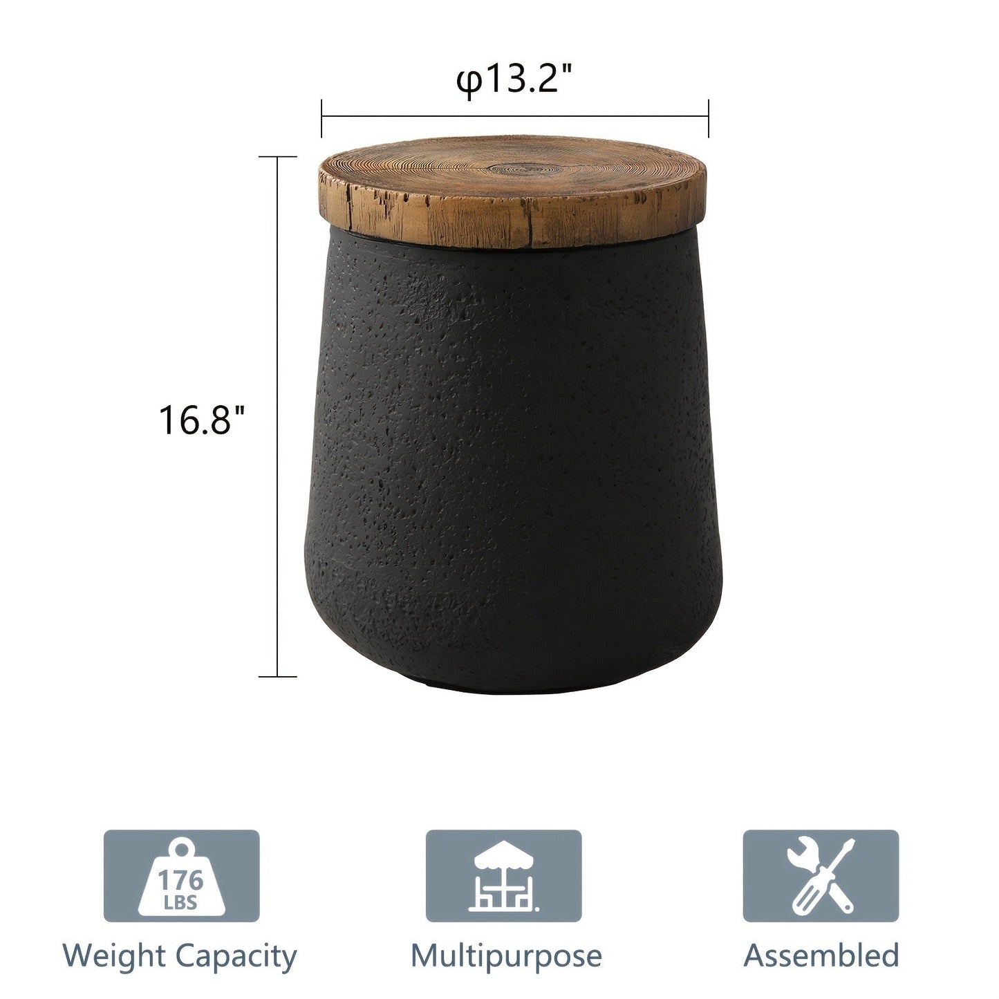 Outdoor Side Table 17-Inch Concrete Design with Wood-Look Top in Black, Hourglass and Compact Options