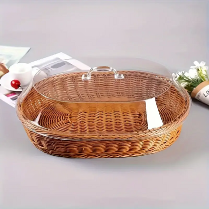 Wicker Bread Basket with Clear Acrylic Lid Rattan Storage Basket Washable Food Tray for Bread Fruit Desserts Kitchen Picnic Home Display
