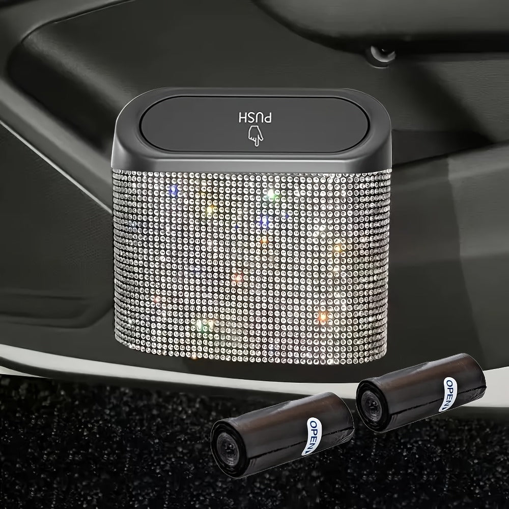 Rhinestone Push-Lid Car Trash Bin with Two Liner Bags, Black or Silver Finish and 16 cm Width