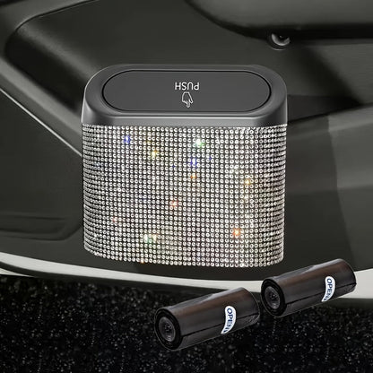 Rhinestone Push-Lid Car Trash Bin with Two Liner Bags, Black or Silver Finish and 16 cm Width