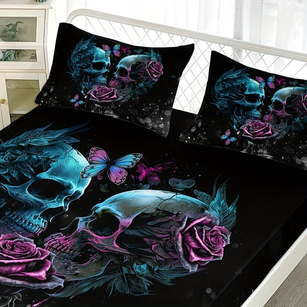 Gothic Skull Rose Fitted Sheet Set 3-Piece Halloween Bedding, HD Print Skull Flower Deep Pocket Fitted Sheet with 2 Pillowcases