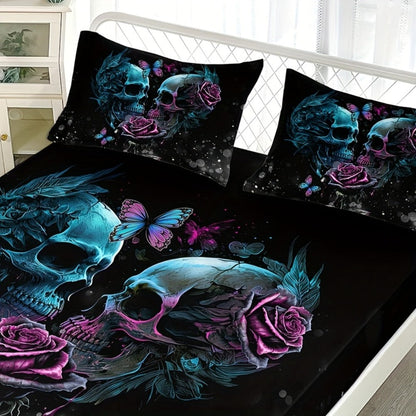 Gothic Skull Rose Fitted Sheet Set 3-Piece Halloween Bedding, HD Print Skull Flower Deep Pocket Fitted Sheet with 2 Pillowcases