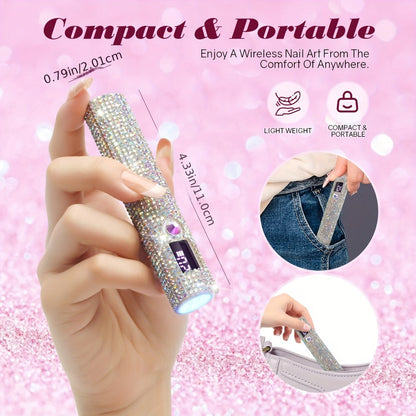 Portable LED Nail Lamp Rhinestone Design USB Rechargeable 365+405nm Quick Dry Gel Curer 20s 60s Timer LCD Display Wireless Nail Dryer
