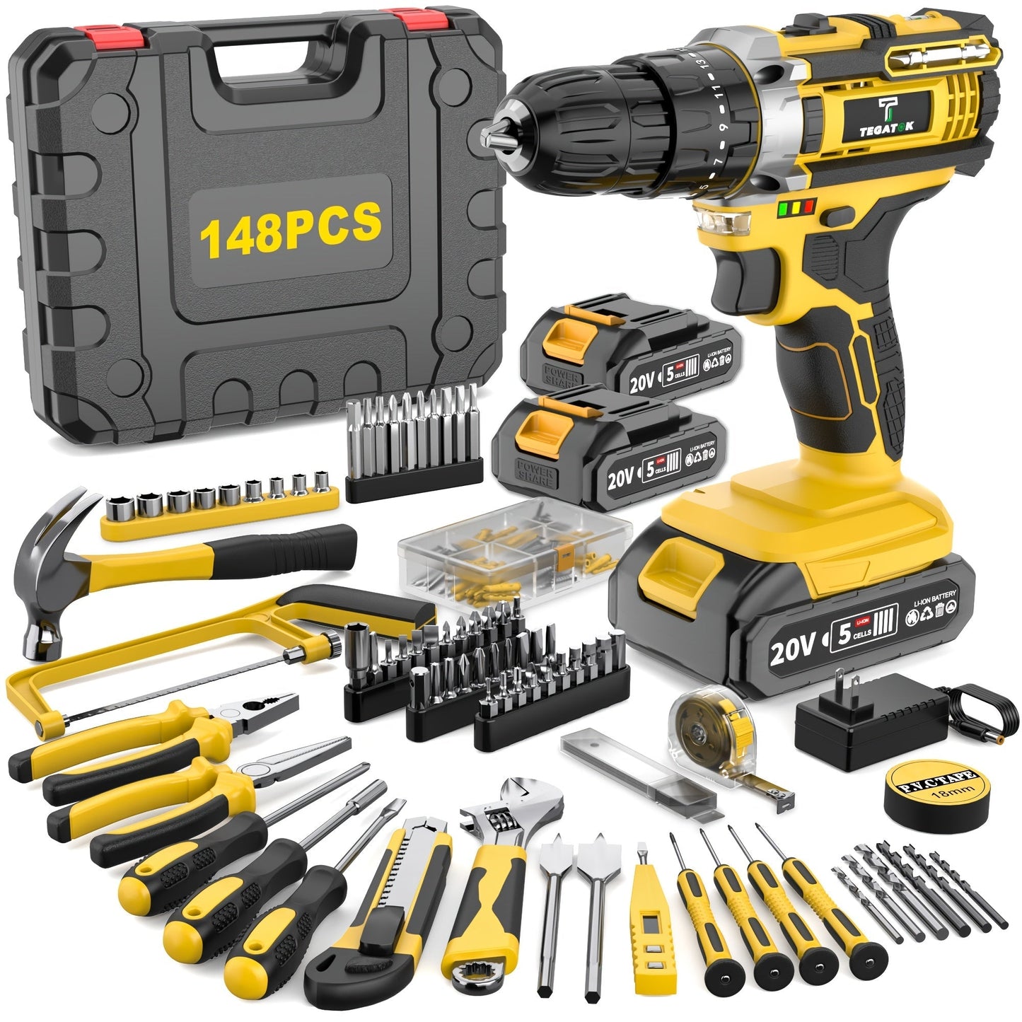 20V Cordless Drill Set Impact Power Drill 3/8 Inch Keyless Chuck 18+3 Clutch 45Nm Max Torque for Entryways, Bedrooms and Living Spaces
