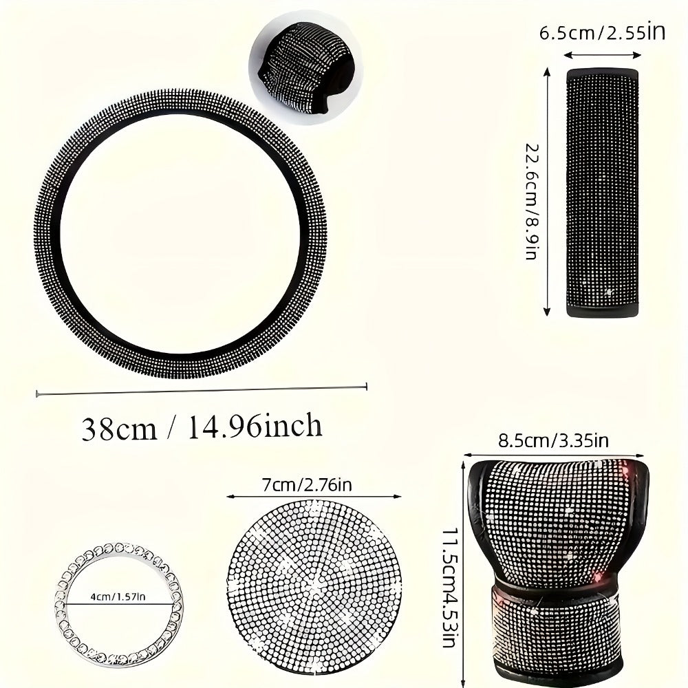 8-Piece Rhinestone Car Interior Accessories Set with Steering Wheel Cover, Coasters and Seat Belt Pads