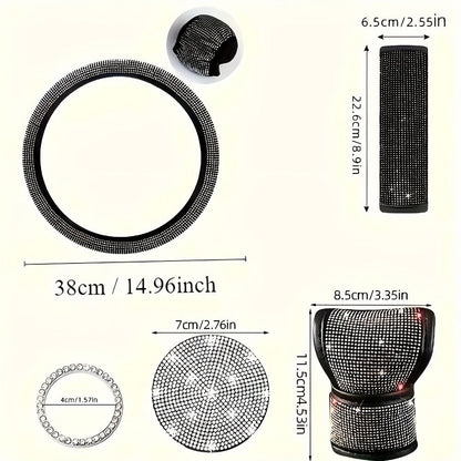 8-Piece Rhinestone Car Interior Accessories Set with Steering Wheel Cover, Coasters and Seat Belt Pads