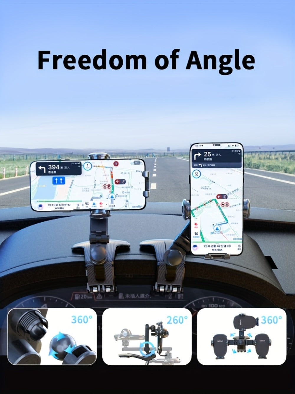 Deep Gray Dashboard-Edge Car Phone Holder with 360-Degree Joint and Triangular Support Clip