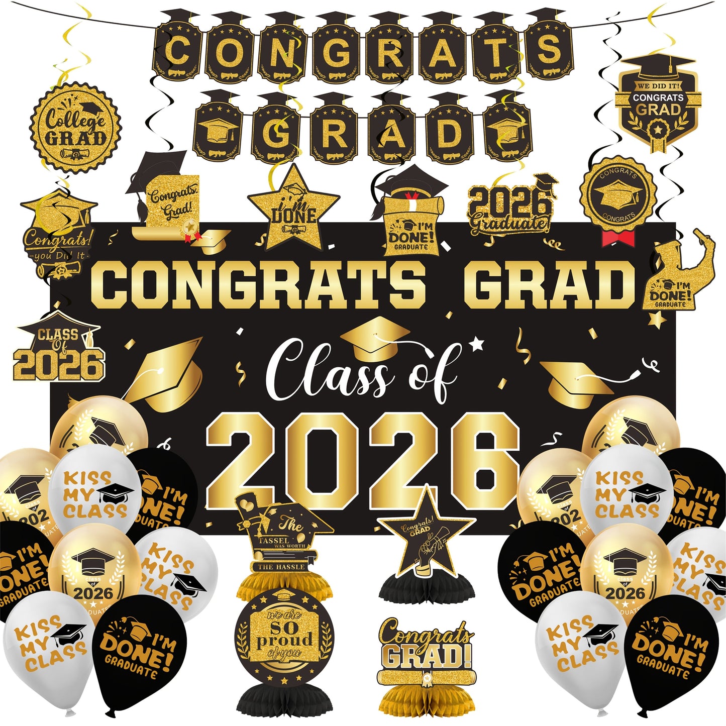 Class of 2026 Graduation Decoration Set with Letter Banner, Hanging Pieces and Six Color Options