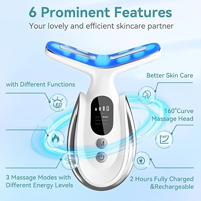 Face & Neck Massager 7-in-1 LED Light Therapy USB Rechargeable - Multifunctional Facial Lifting Wrinkle for Home or Salon Spa Use