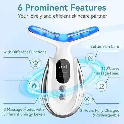 Face & Neck Massager 7-in-1 LED Light Therapy USB Rechargeable - Multifunctional Facial Lifting Wrinkle for Home or Salon Spa Use
