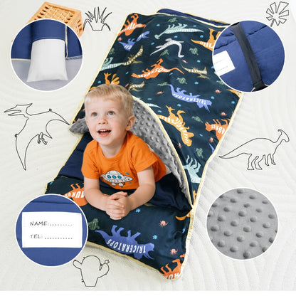 Kids Nap Mat with Pillow Foldable Minky Dot Cooling Breathable Portable Preschool Daycare Mat for Entryways, Bedrooms and Living Spaces