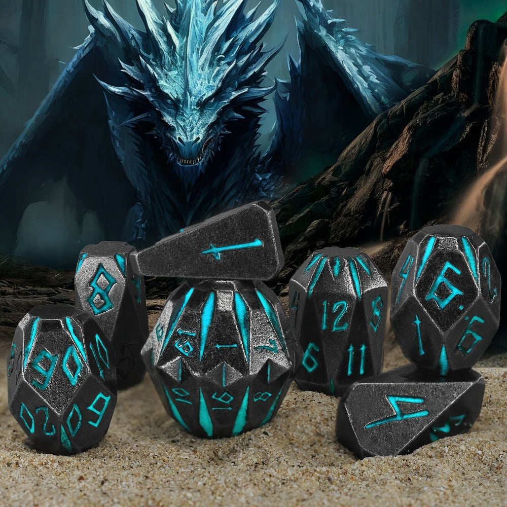 Metal DnD Dice Set 7pcs Glow in the Dark, Stonehenge Zinc Alloy Polyhedral Dice with Display Box