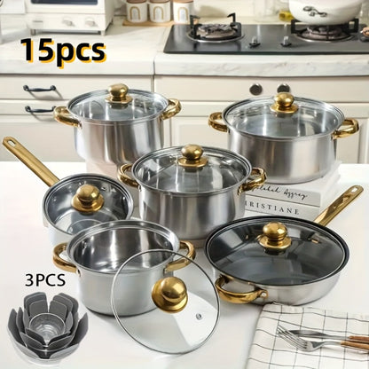 304 Stainless Steel Cookware Set with Golden Handles, 1/10/15pcs Deep Thick Soup Pot & Pan Set for Induction & Gas Stoves