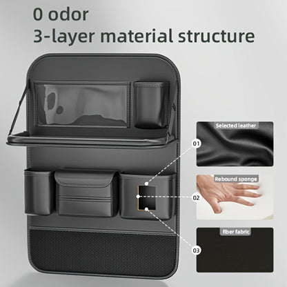 Seatback Car Organizer with Fold-Down Tray, Cup Recesses, Tissue Opening and One- or Two-Piece Packs