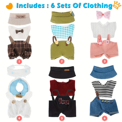 Six-Outfit Doll Clothes Set for 17cm Mini Dolls with Coordinated Tops, Shorts, Skirts, Overalls and Hats
