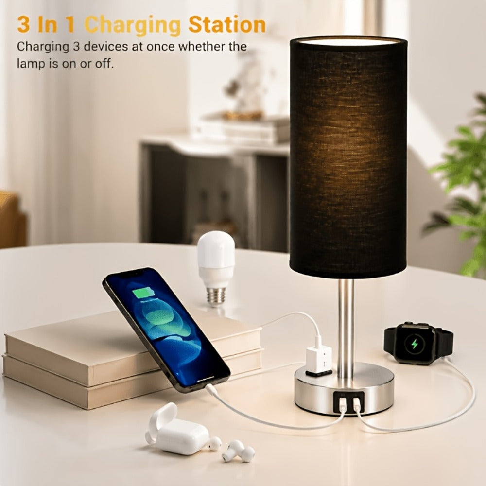 Table Lamp HOODINK with Cylindrical Shade, 3-Way Touch Dimming, USB-A, USB-C, AC Outlet and One or Two-Pack Options