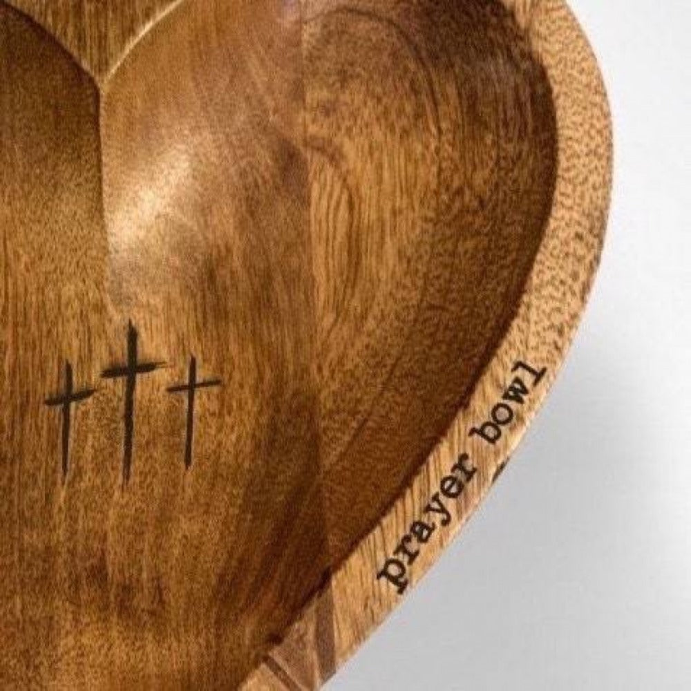Wooden Prayer Bowl with 24 Prayer Cards – Hand-Carved Heart Shaped Cross Engraved Vintage Religious Gift Set for Easter, Christmas