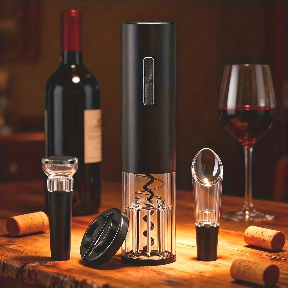 Electric Wine Opener Set 4-in-1 Rechargeable - USB-C Corkscrew with Blue LED, Vacuum Stopper