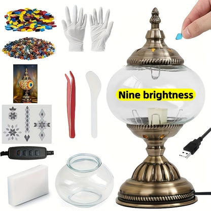 DIY Turkish Moroccan Mosaic Lamp Kit Handmade Glass Metal Brass Dimmable Bohemian Table Light for Entryways, Bedrooms and Living Spaces