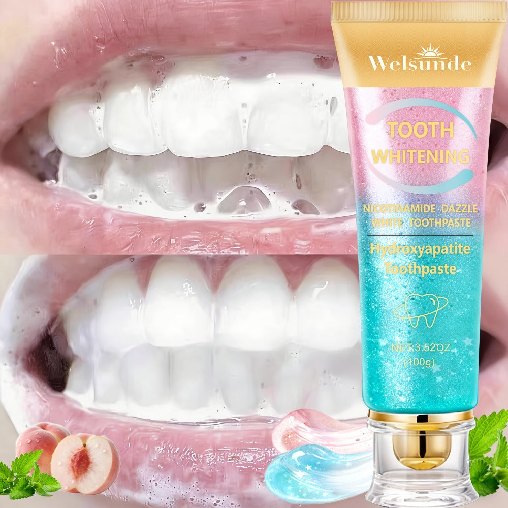 100g Mint Peach Toothpaste Tube with Niacinamide and Hydroxyapatite Highlighted on Box and Label