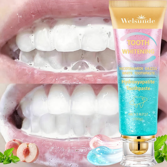 100g Mint Peach Toothpaste Tube with Niacinamide and Hydroxyapatite Highlighted on Box and Label