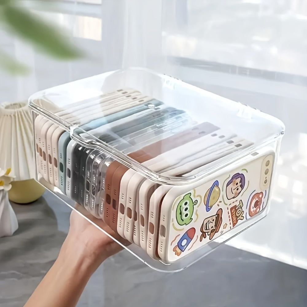 Clear Lidded Phone Case Storage Box, 10.2 x 7.9 x 5.1-Inch Desktop Organizer for Accessories