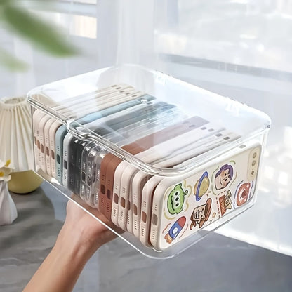 Clear Lidded Phone Case Storage Box, 10.2 x 7.9 x 5.1-Inch Desktop Organizer for Accessories