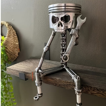 Steampunk Skull Sculpture with Wrench – Hand-Painted Mechanical Piston Gothic Decor, Resin Desk Decoration for Man Cave, Garage, Office