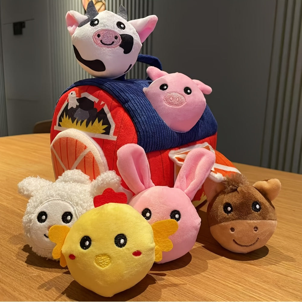 Farm Playset Baby Toy with 6 Plush Animals, Barn, Rattle, Crinkle & Mirror, Portable Sensory Learning Toy for Babies & Toddlers