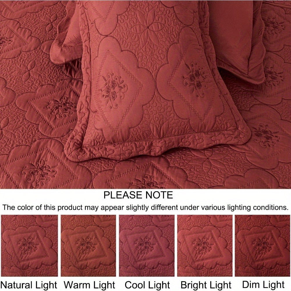 Quilt Set 3 Piece Floral Embroidery Bedspread – 100% Polyester Wrinkle Resistant Lightweight Quilted Coverlet with 2 Pillow Shams for Full