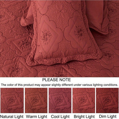 Quilt Set 3 Piece Floral Embroidery Bedspread – 100% Polyester Wrinkle Resistant Lightweight Quilted Coverlet with 2 Pillow Shams for Full