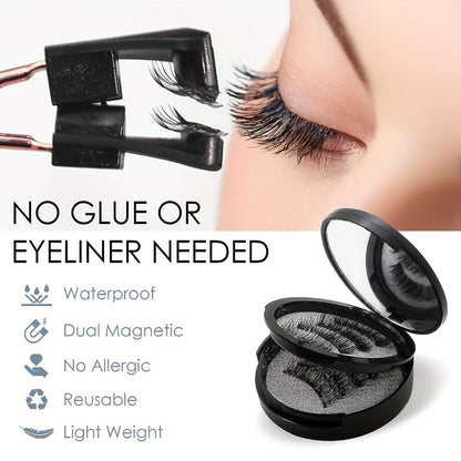 Black Double-Strip Magnetic False Eyelash Set with Round Storage Case and White Applicator