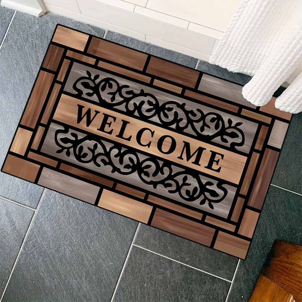 Welcome Doormat Wood Pattern – Entrance Mat with Polypropylene Backing, Indoor Outdoor Floor Mat for Front Door