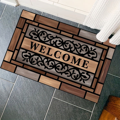 Welcome Doormat Wood Pattern – Entrance Mat with Polypropylene Backing, Indoor Outdoor Floor Mat for Front Door