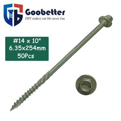 50pcs Heavy Duty Green Structural Wood Screws 14x10 Inch Carbon Steel Hex Head Partially Threaded Rust Resistant Exterior Timber Screws