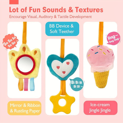 Baby Car Seat Toys 0-6 Months, Unicorn Rattle Mirror Crinkle Squeaky Stroller Toy Set for Infant Girls