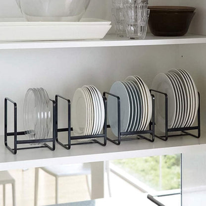 Four-Piece Black Dish Rack Set with Individual Plate Holders for Cabinets, Shelves or Kitchen Countertops