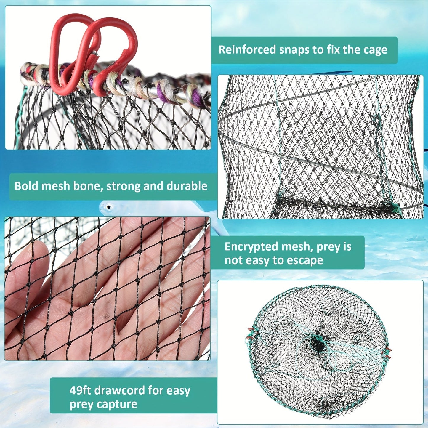 Collapsible Fishing Trap Net 4 Pack – Crab Crawfish Minnow Lobster Shrimp Bait Cage with 49ft Rope, 12x24 Inch Foldable Fish Trap