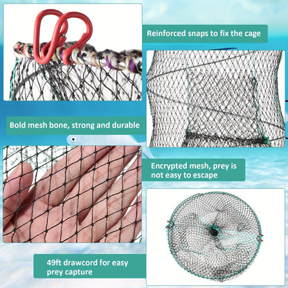 Collapsible Fishing Trap Net 4 Pack – Crab Crawfish Minnow Lobster Shrimp Bait Cage with 49ft Rope, 12x24 Inch Foldable Fish Trap