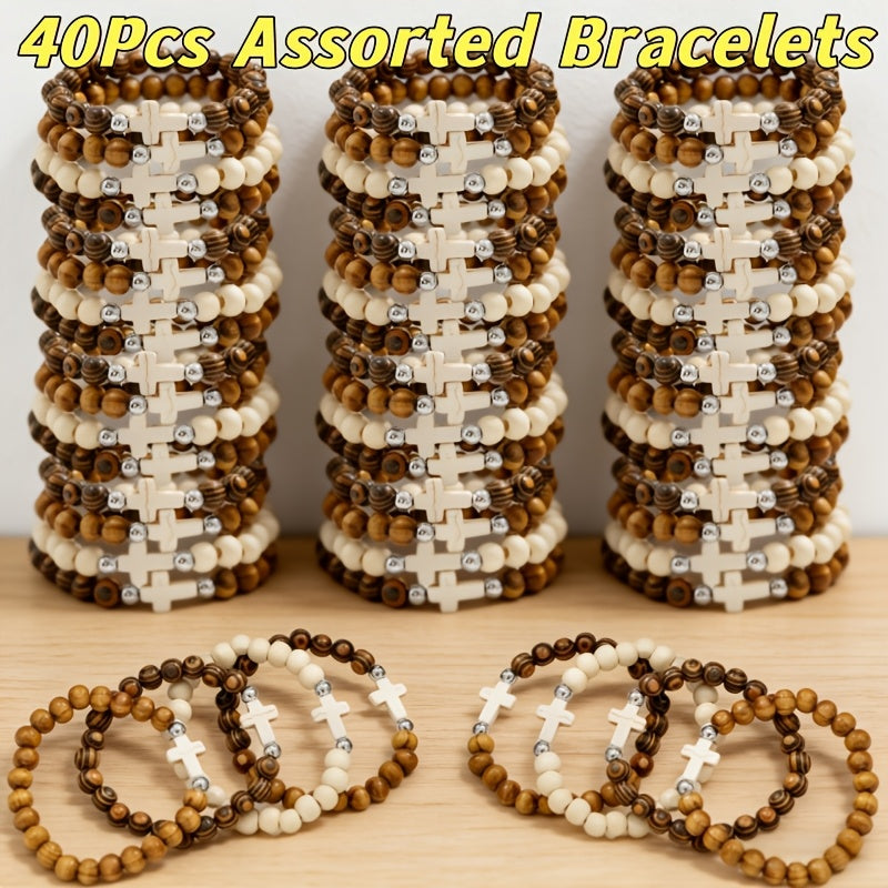 Cross Bracelets Bulk for Baptism Party Favors, 20/40PCS Vintage Ethnic Alloy Cross Pendant Woven Elastic Bracelets