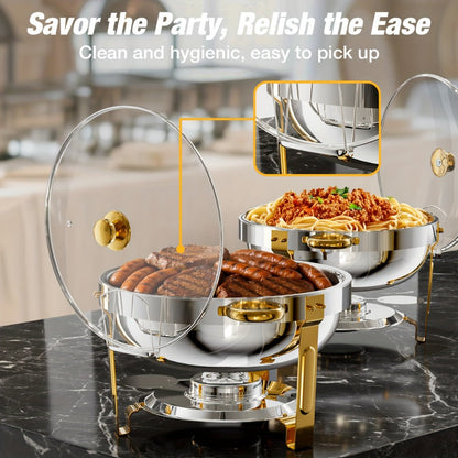 Gold Chafing Dishes Buffet Set 5QT Round Stainless Steel Food Warmer with Glass Lid Lid for Entryways, Bedrooms and Living Spaces