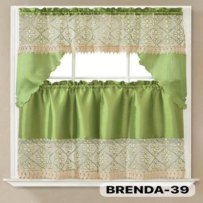Kitchen Curtains 3 Piece Set Embroidered Satin Valance and Tiers – Rod Pocket Light Filtering Machine Washable 46 Colors