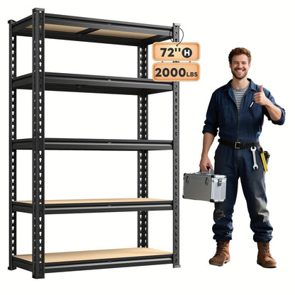 5 Tier Metal Shelving Unit Adjustable Up to for Garage Workshop Commercial Storage Rack No Bolt Easy Assembly Black